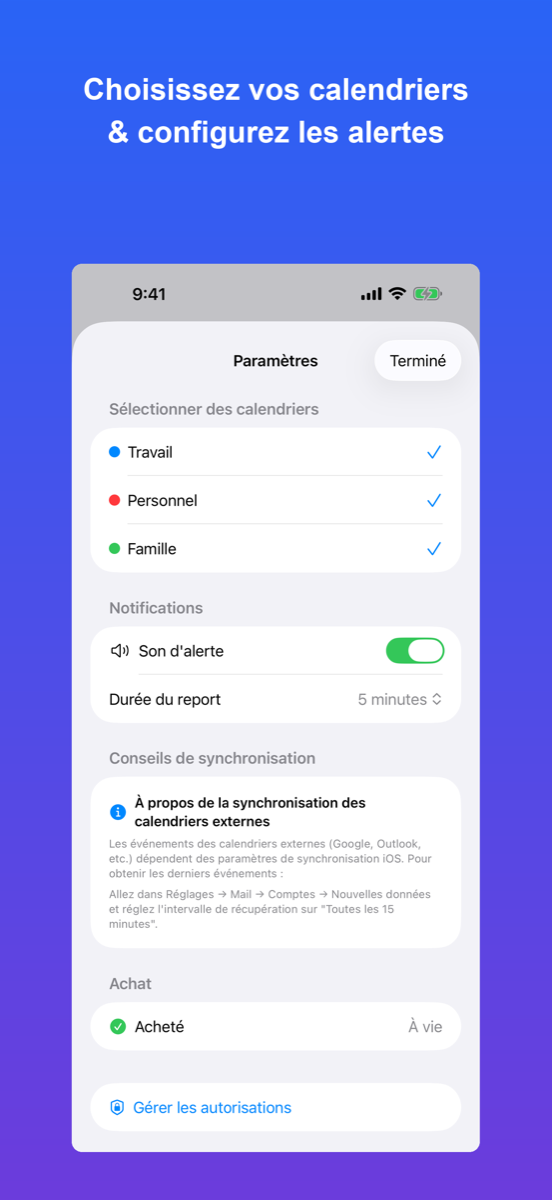 CalSync Alert — réglages