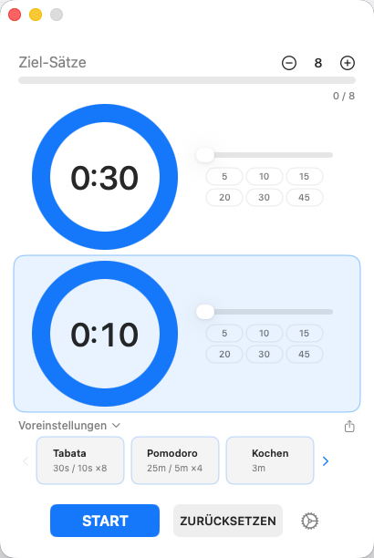 IntervalTimer Duo für Mac — Hauptfenster