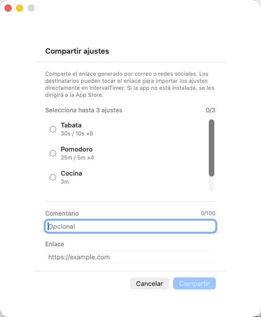 IntervalTimer Duo para Mac — compartir preajuste