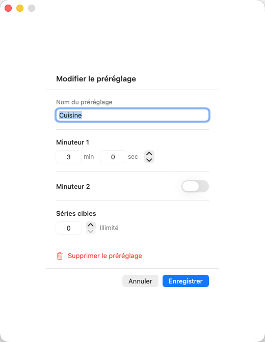 IntervalTimer Duo pour Mac — édition de préréglage