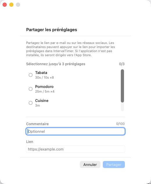 IntervalTimer Duo pour Mac — partage de préréglage