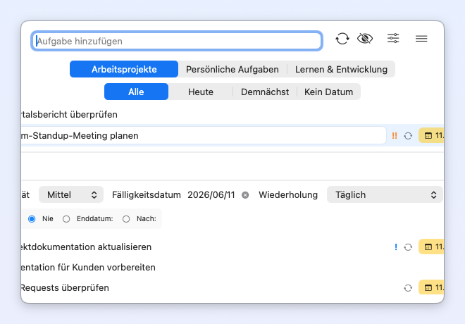 Taskin — Einstellungen für wiederkehrende Aufgaben