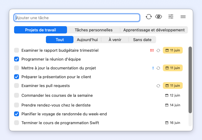 Taskin — liste de tâches dans la barre de menus