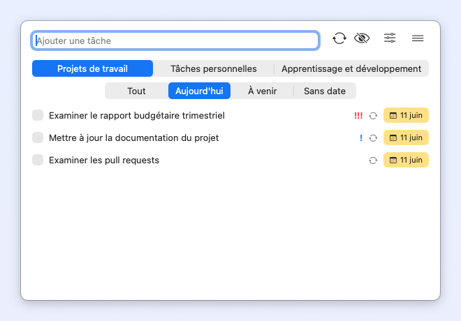 Taskin — filtre Aujourd'hui avec priorités