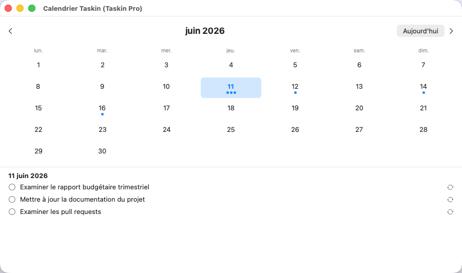 Taskin — vue calendrier mensuelle